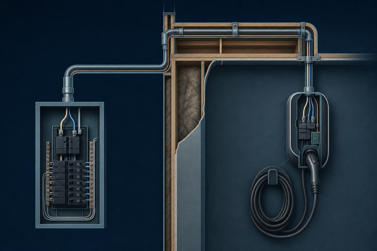 Cutaway of a 240-volt circuit running from the service panel to a wall-mounted charger