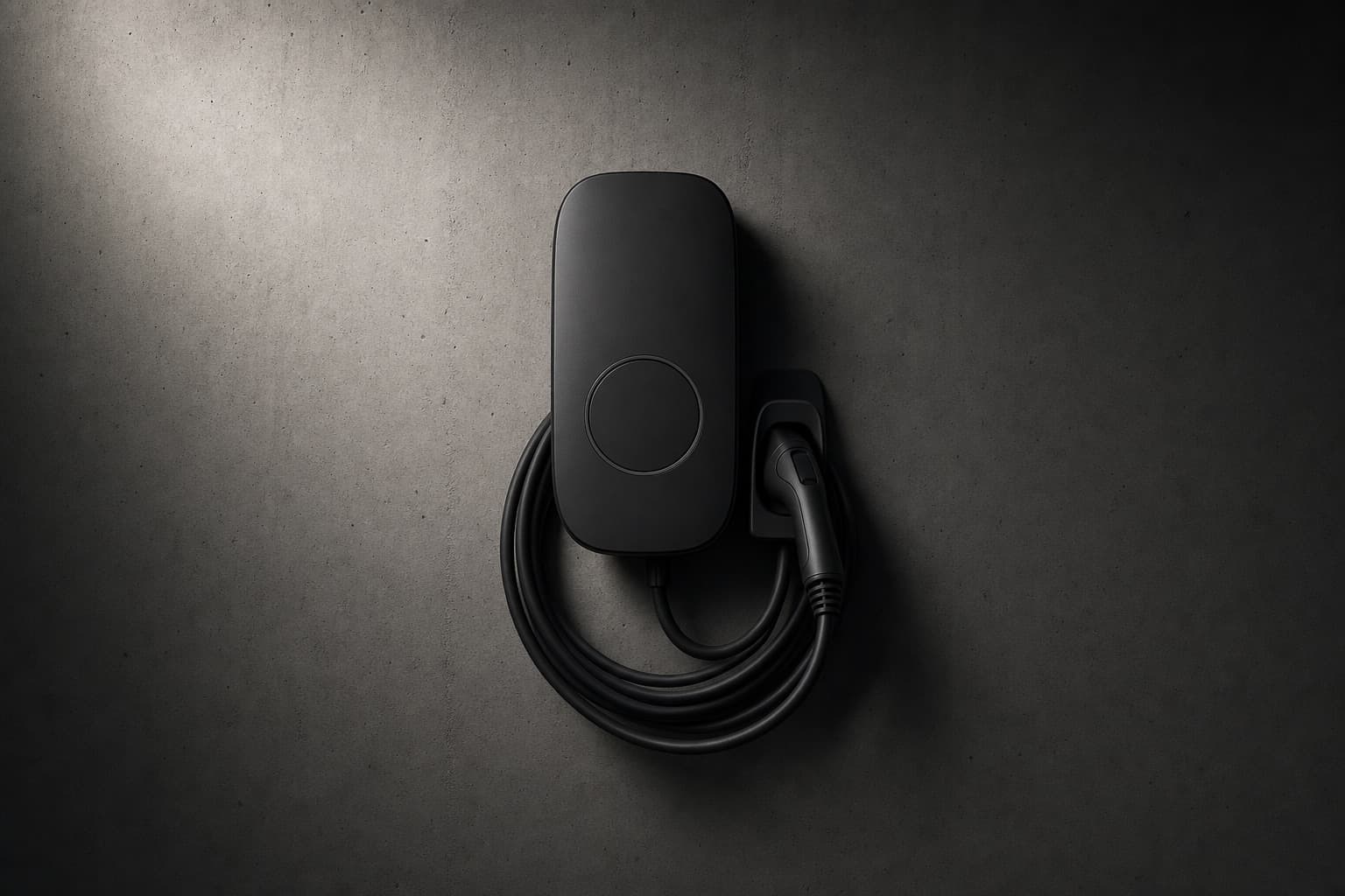 A wall-mounted charging unit with its status ring unlit and the cable coiled