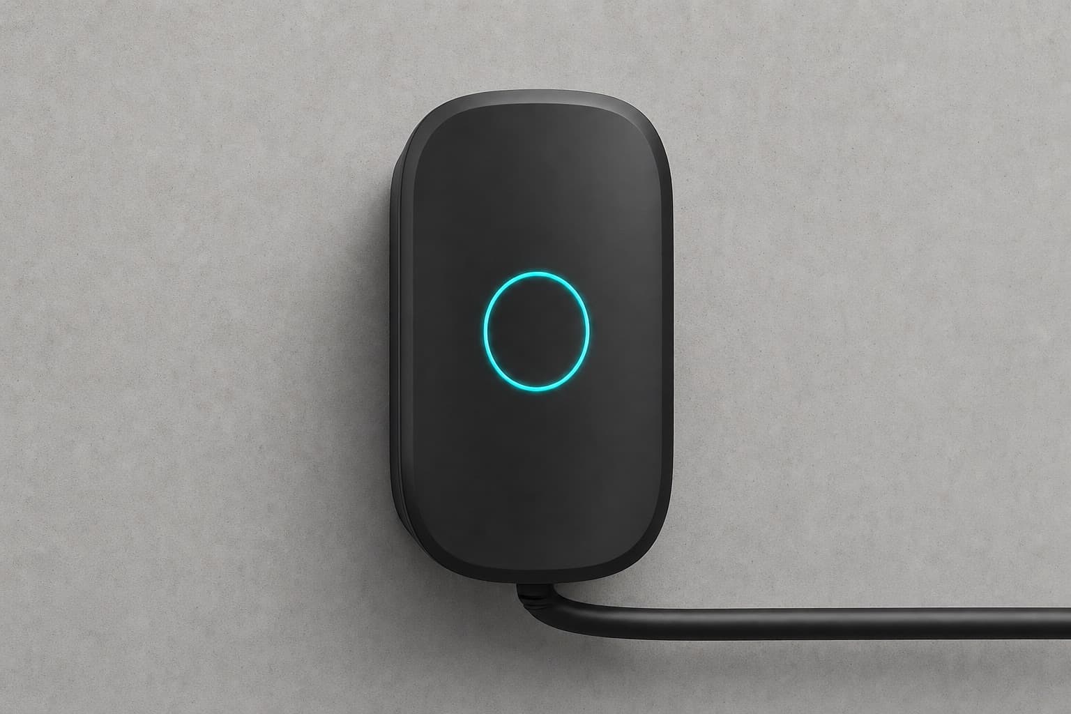 The same charging unit with its status ring glowing and the cable uncoiled