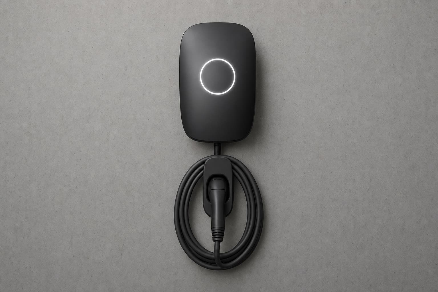 The same charging unit with a steady white status ring and the cable re-coiled