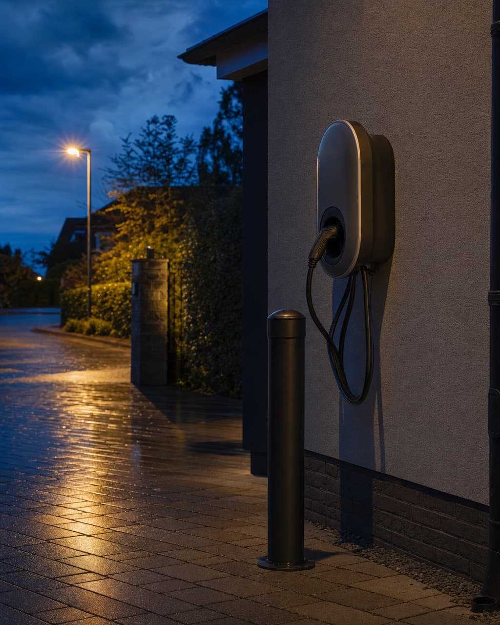 A charging unit on an exterior wall beside a driveway at dusk, protected by a bollard