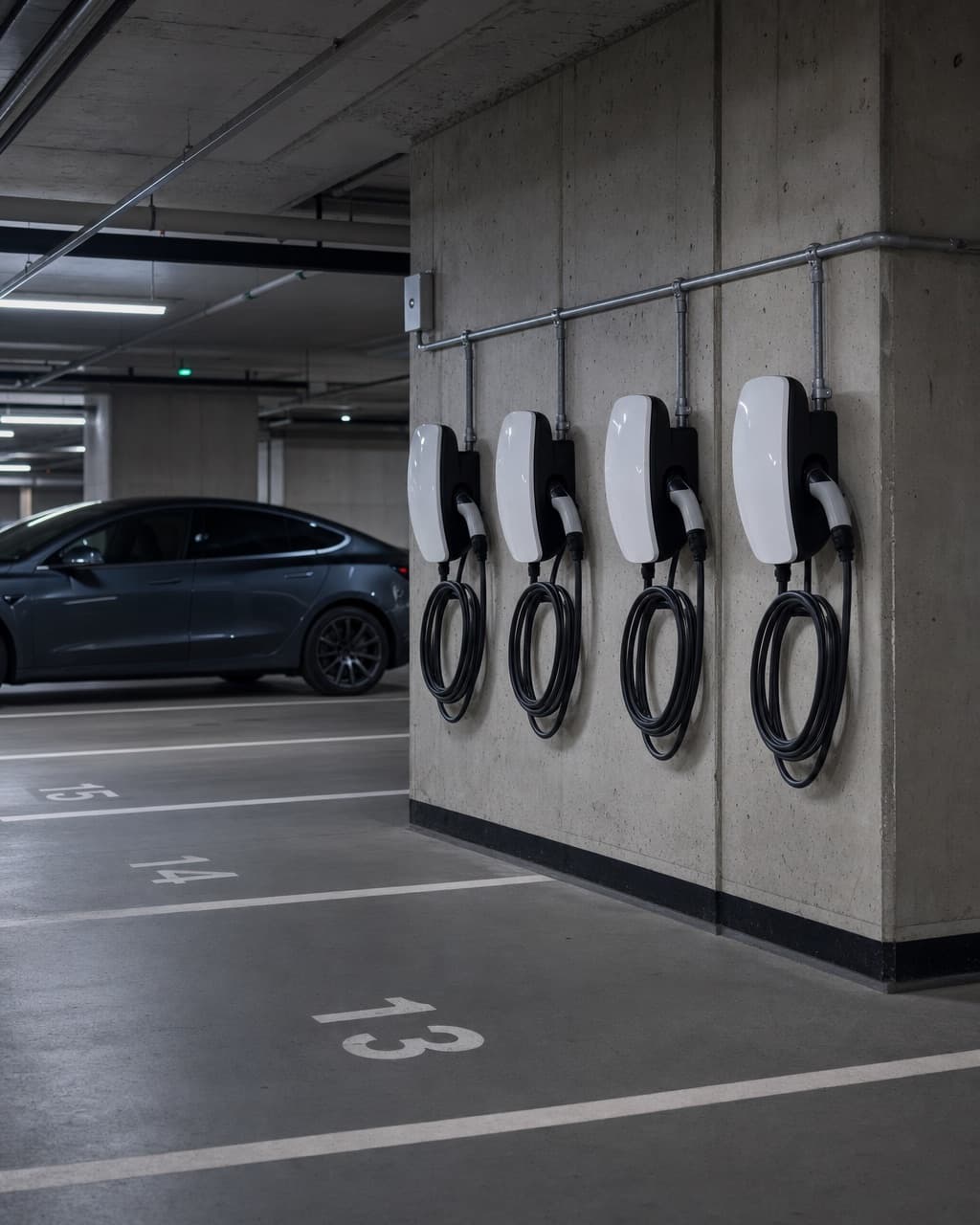Four wall-mounted chargers along a concrete pillar in an underground apartment garage