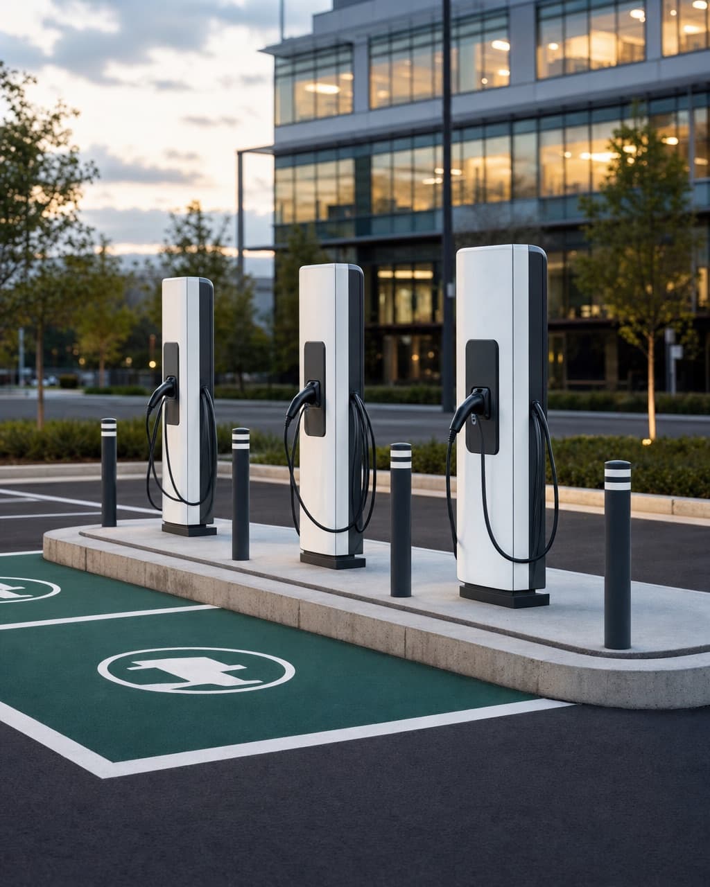 Three pedestal chargers on a concrete island in a workplace parking lot at dusk