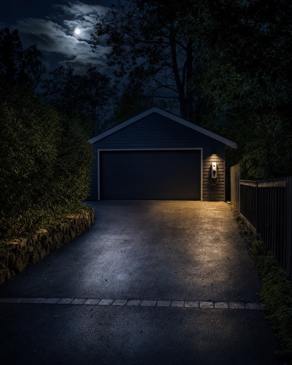 A detached garage at night with a charging unit lit and a reinstated trench across the driveway
