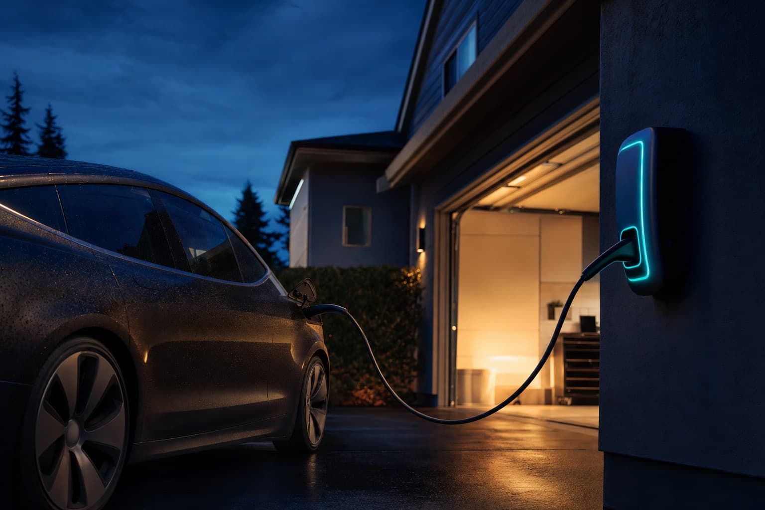 An electric car charging from a wall-mounted Level 2 unit on a residential garage at blue hour