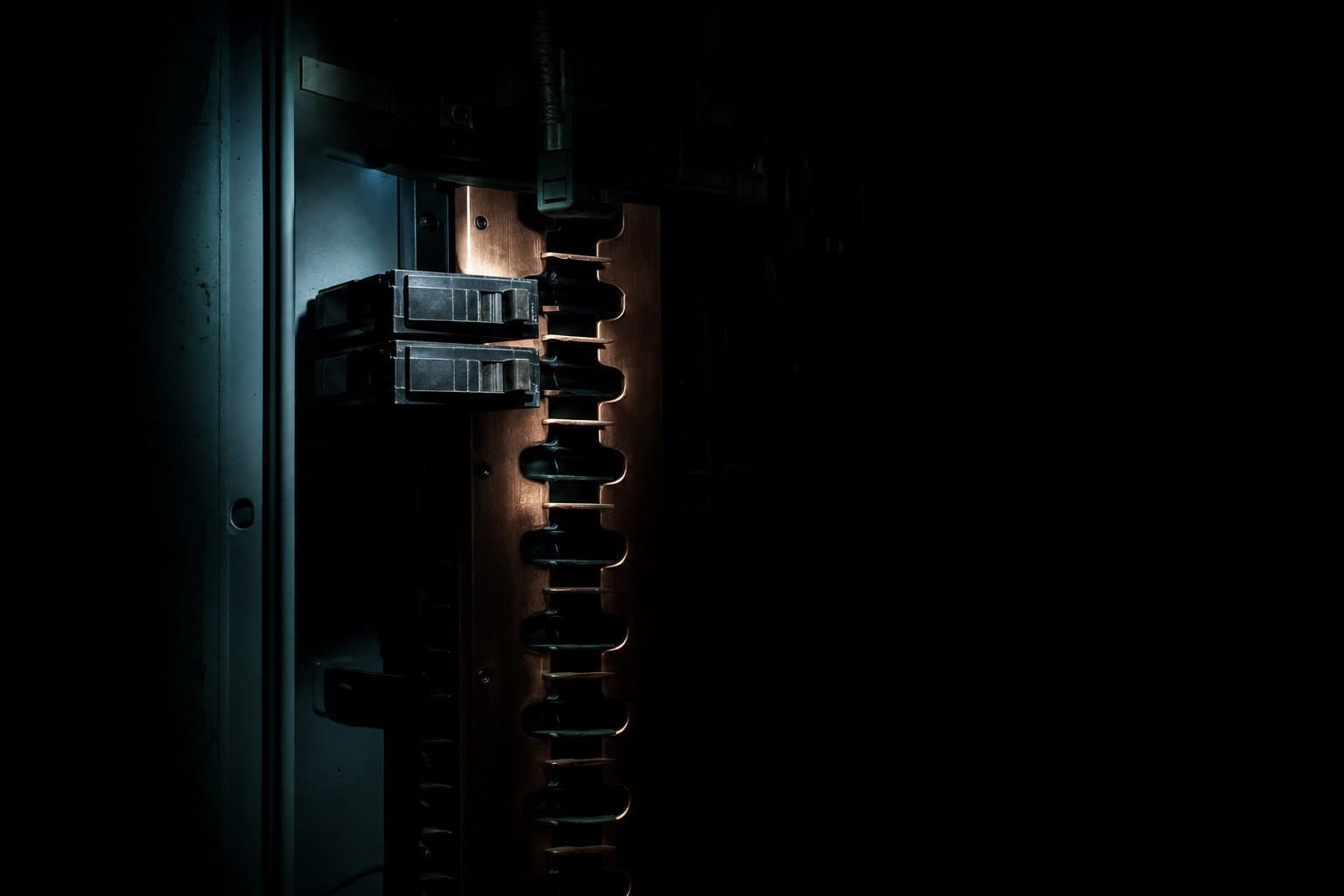 An open residential electrical panel lit by a single narrow beam