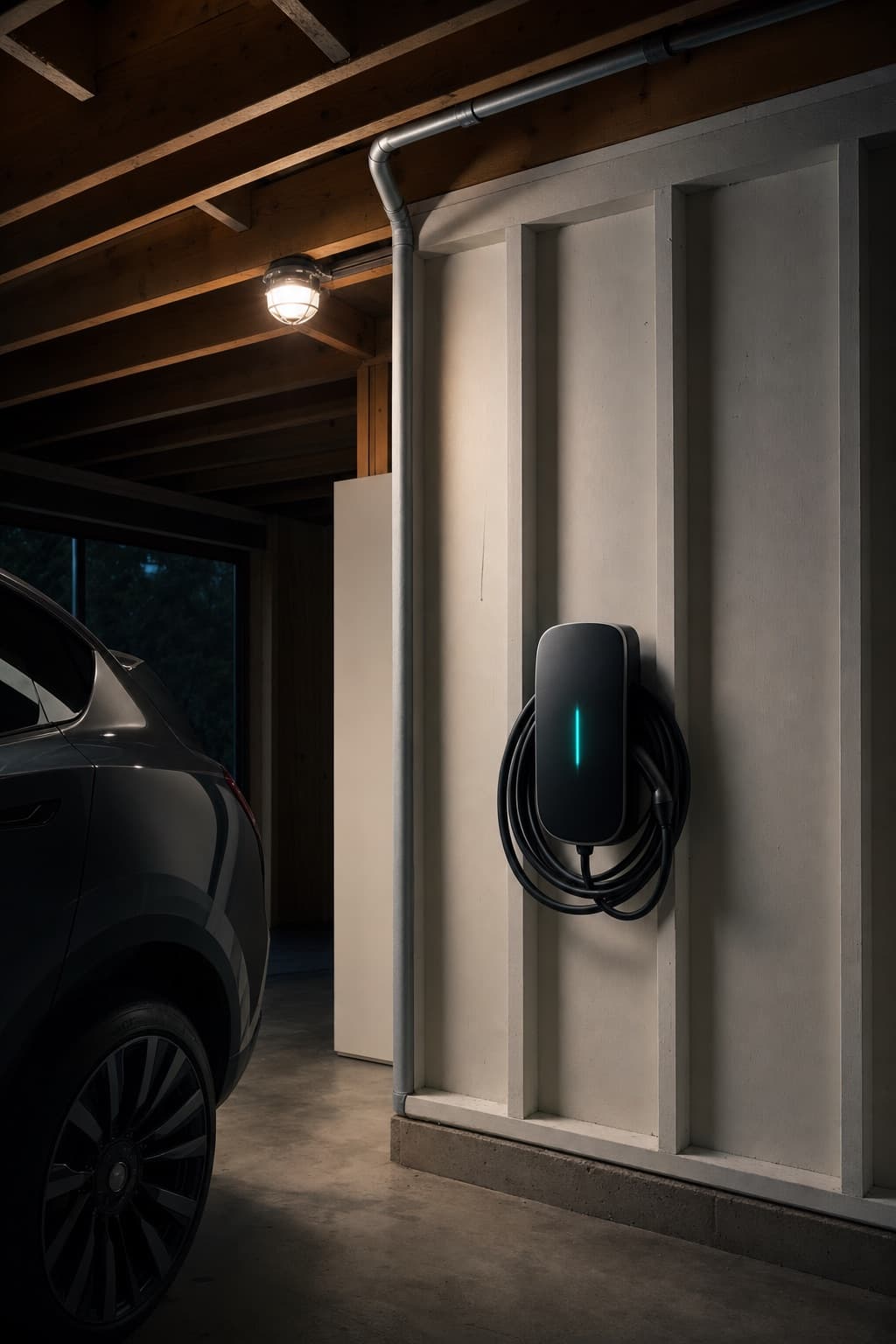 A hardwired Level 2 charger on the stud wall of a clean attached residential garage