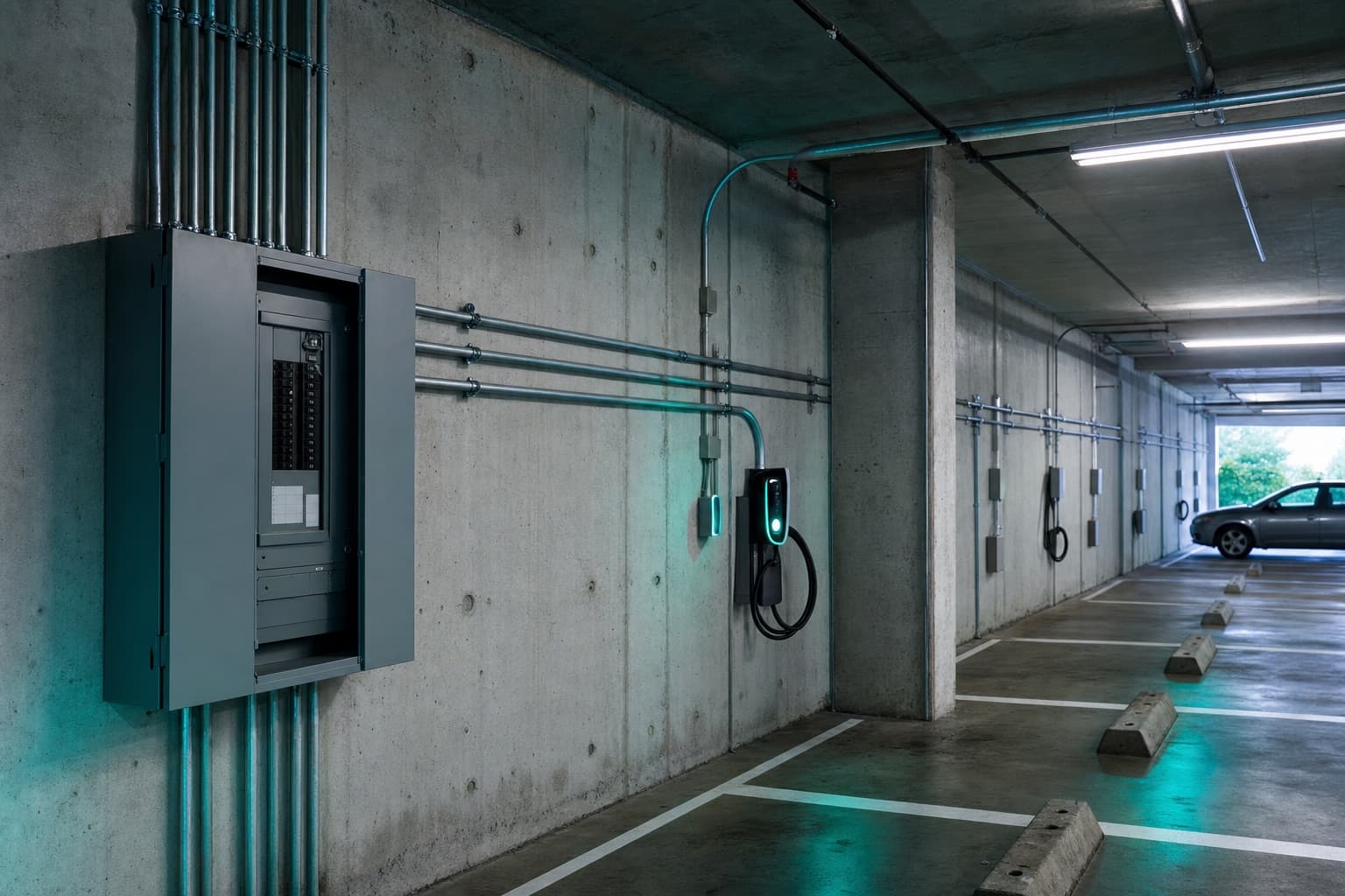A new subpanel on a concrete wall with conduit fanning out toward several parking bays