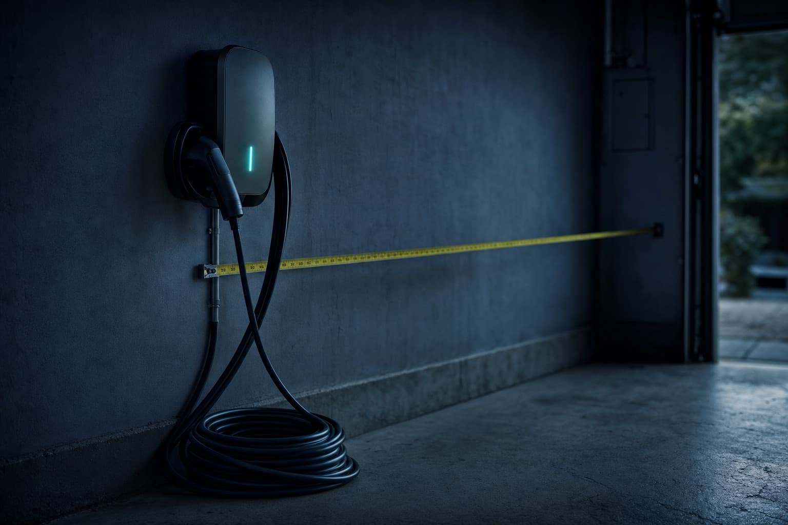 A newly mounted Level 2 charger with a coil of unused cable on the garage floor beneath it