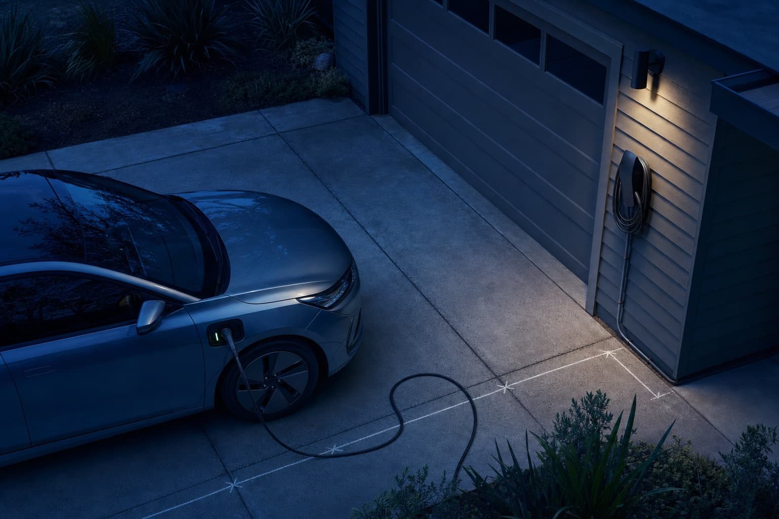 A driveway at dusk with chalk marks on the concrete indicating a planned cable route