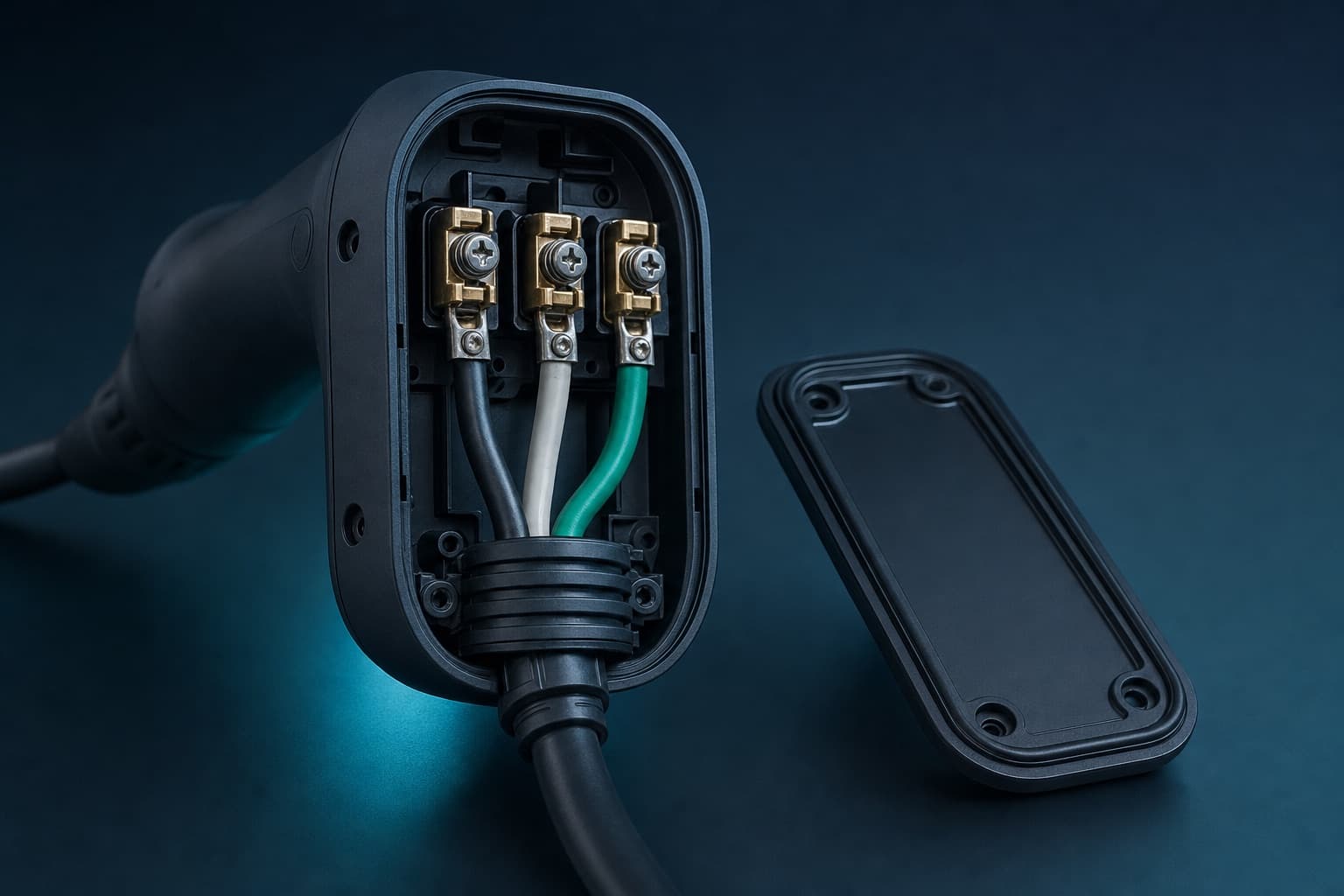The wiring compartment of a Level 2 charger, three conductors landed on brass terminals