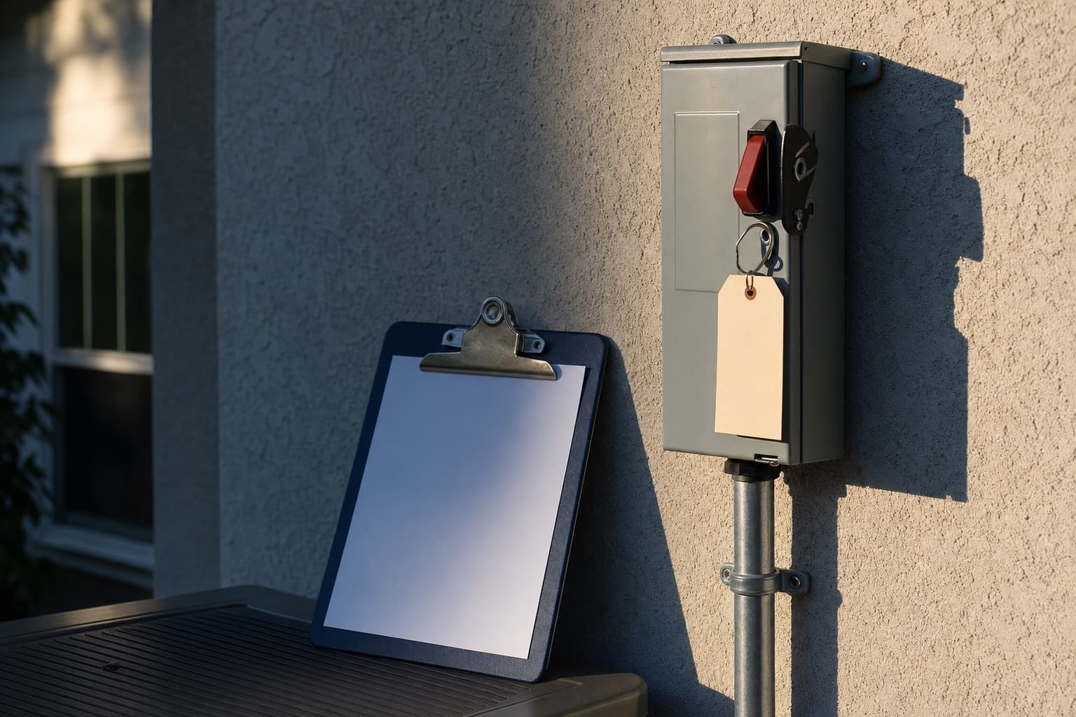 A blank inspection tag hanging from a newly installed electrical disconnect on an exterior wall