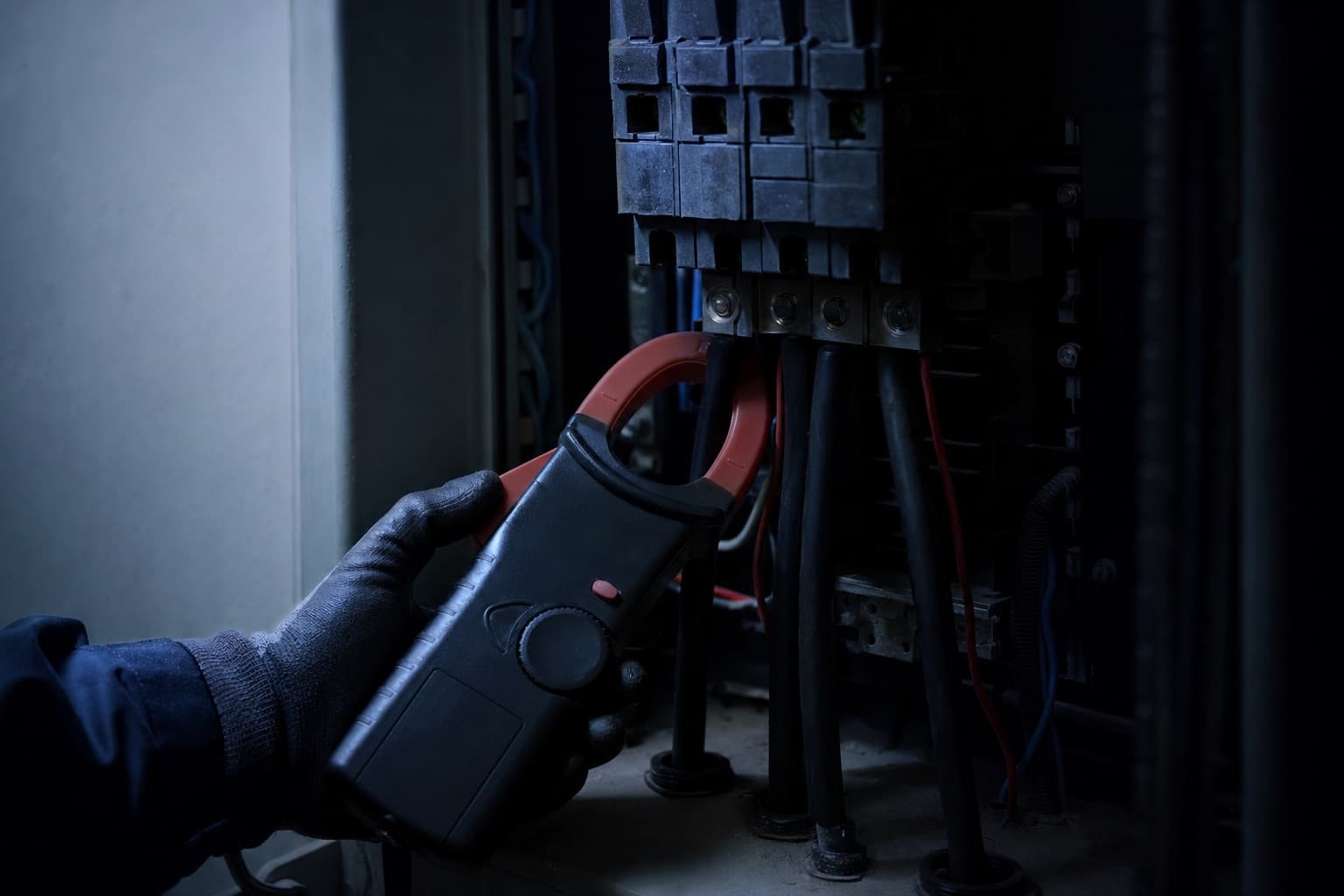 A clamp meter closed around a service conductor inside an open panel