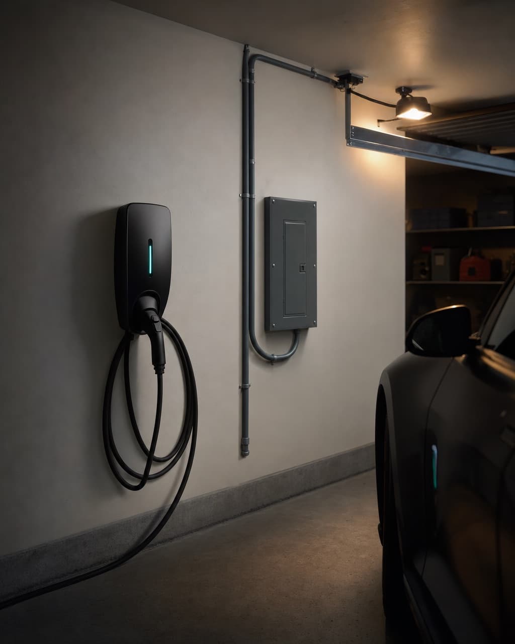 A charging unit installed in an attached residential garage, grey conduit running toward the panel