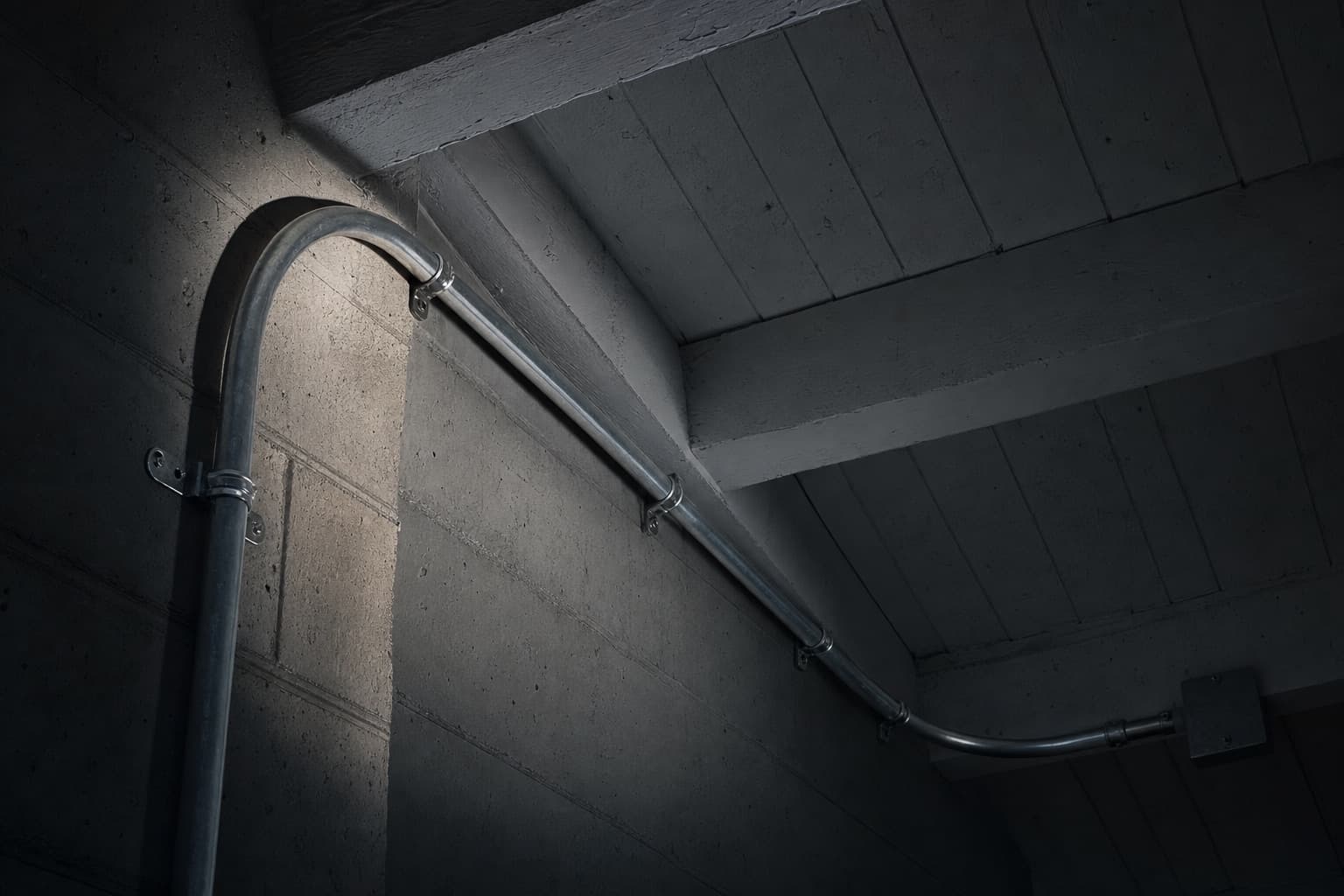 Conduit sweeping through a long radius bend where the wall meets the ceiling