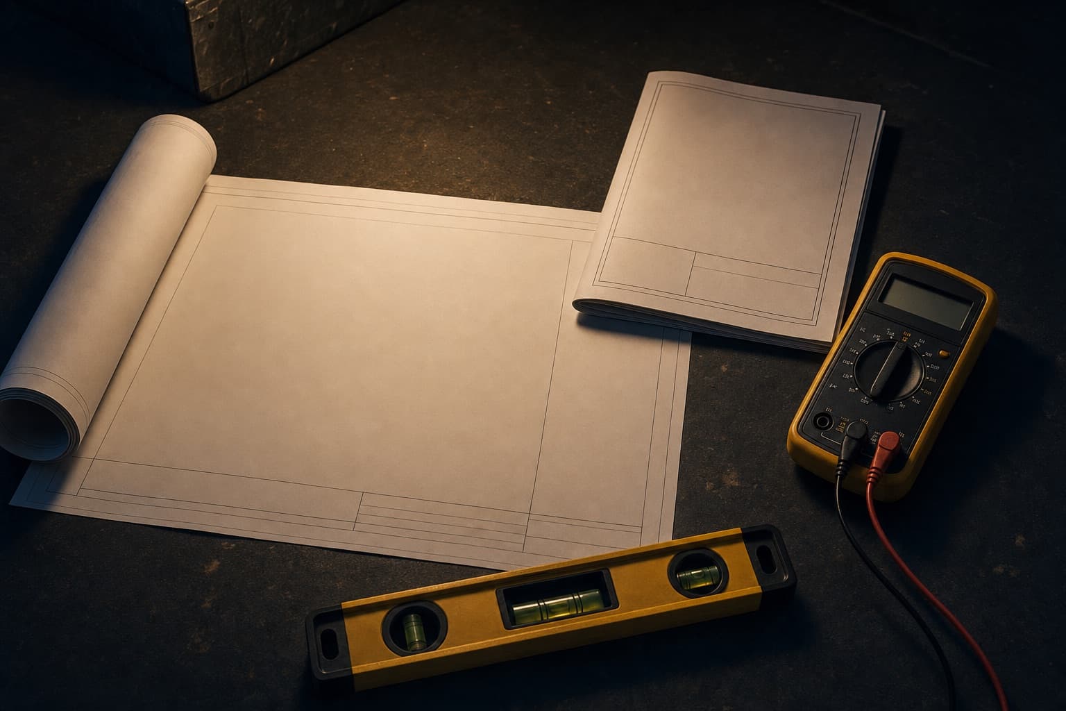 A rolled electrical plan and a multimeter laid out on a dark workbench