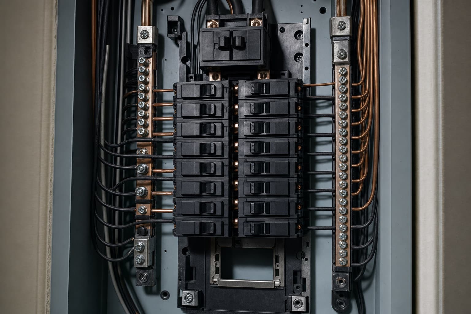 An open residential electrical panel, a neat column of breakers with a double-pole breaker at the top and two empty slots at the bottom